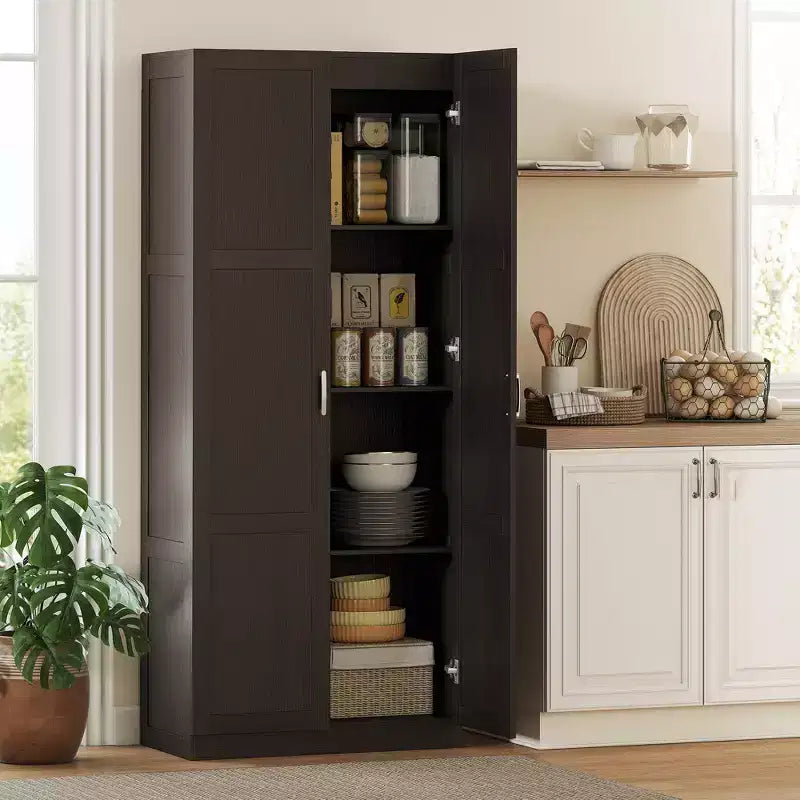 HOMCOM Armoire de cuisine haute de 180 cm avec charnières à fermeture douce, Armoire de rangement de style ferme sur pied avec étagères réglables