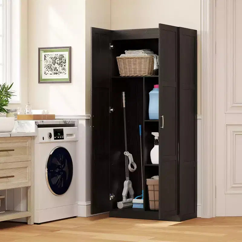 HOMCOM Armoire de cuisine haute de 180 cm avec charnières à fermeture douce, Armoire de rangement de style ferme sur pied avec étagères réglables