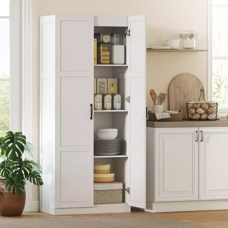HOMCOM Armoire de cuisine haute de 180 cm avec charnières à fermeture douce, Armoire de rangement de style ferme sur pied avec étagères réglables