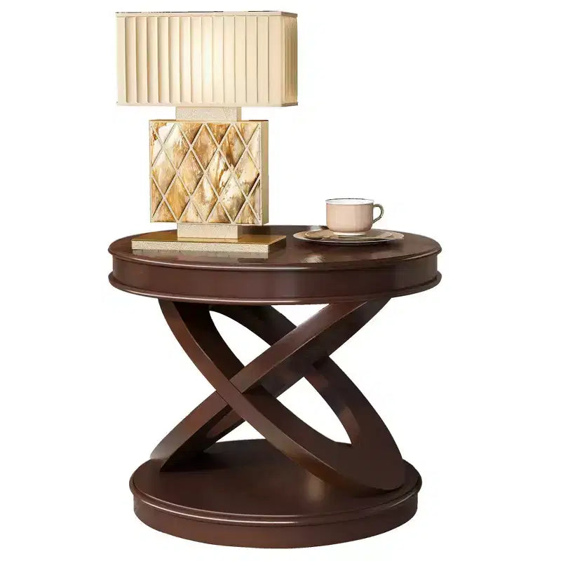 Table d'appoint ronde rétro en bois VIYET 20 - Piètement en X, Placage en bois massif, Noyer