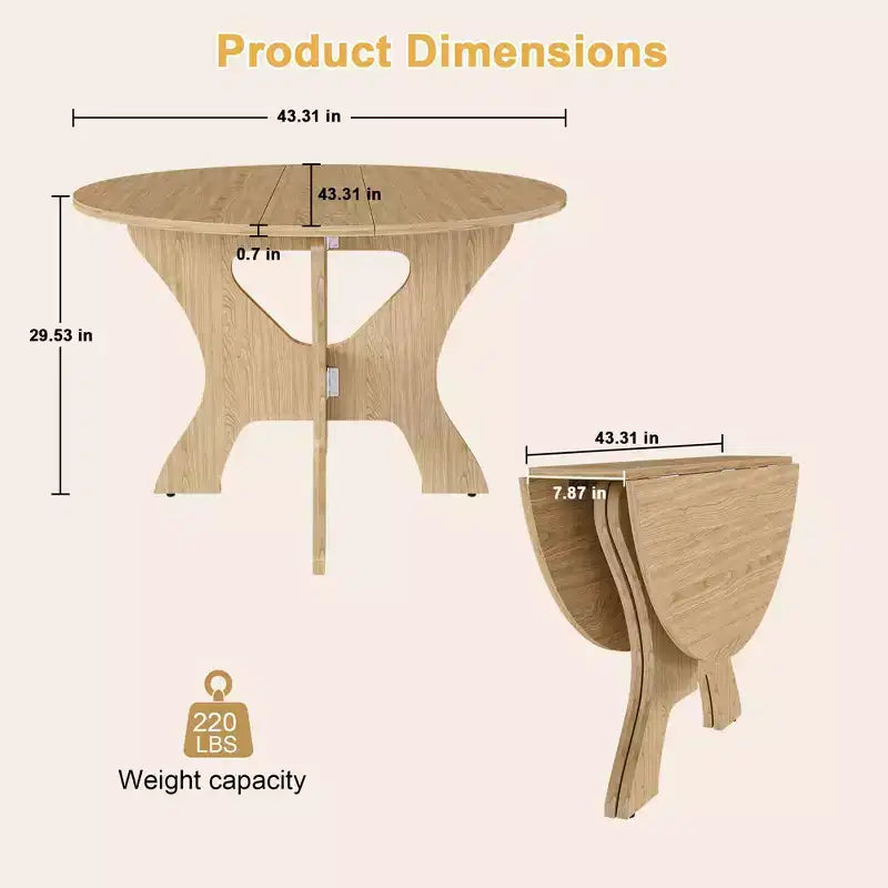 Table de salle à manger ronde pliable MAYEERTY, table de cuisine en MDF peu encombrante avec placage chêne sauvage, table polyvalente intérieure-extérieure