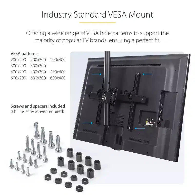 Support TV pour plafond haut StarTech, mât long de 2,5 m à 3 m – Noir
