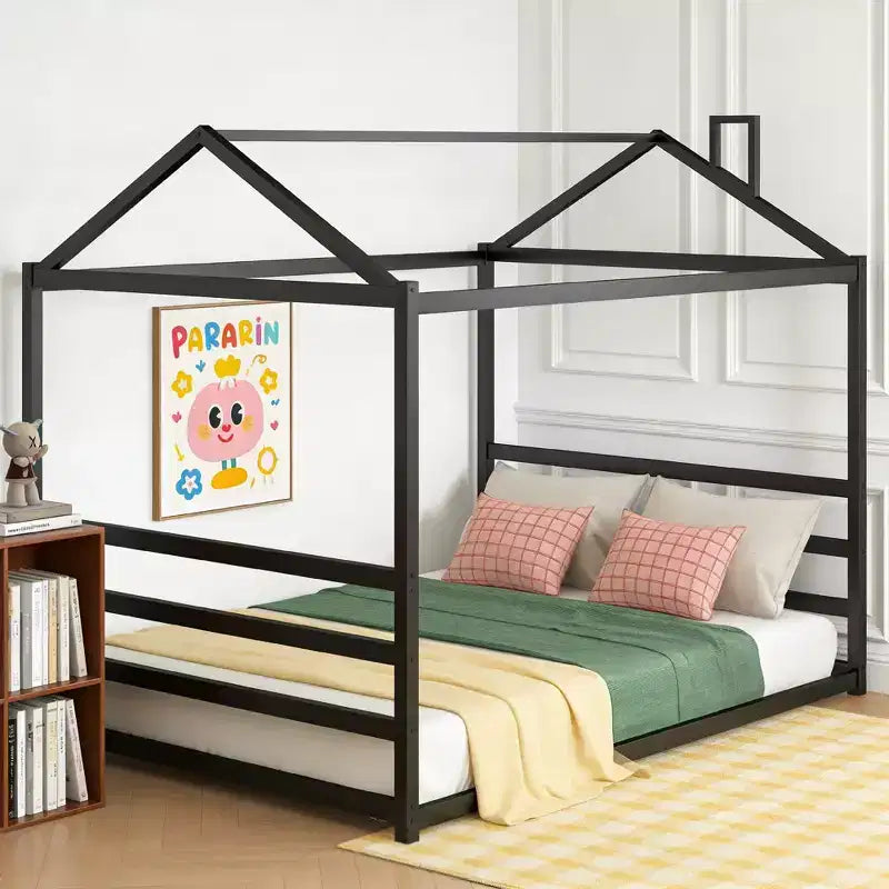 Lit en métal en forme de maison Luxystar, Grand Lit (Queen Size), Noir