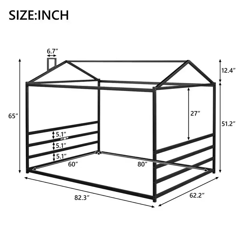 Lit en métal en forme de maison Luxystar, Grand Lit (Queen Size), Noir