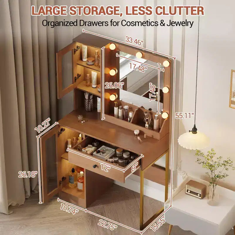Coiffeuse avec prise électrique, coiffeuse moderne avec miroir et lumières, 2 compartiments ouverts