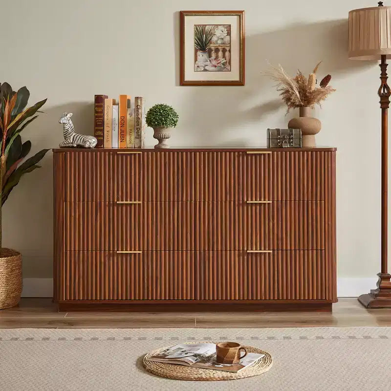 JVNOXK 55-inch Modern 6-Drawer Dressing Table, Curved Wave Design, for Bedroom or Living Room, Wooden Storage Cabinet, Walnut