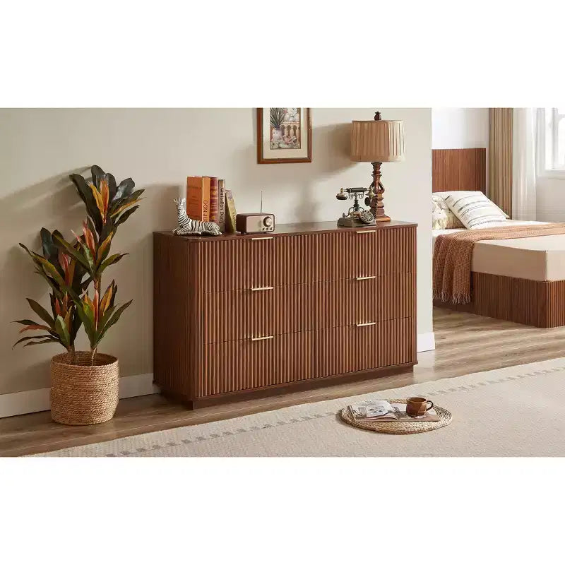 JVNOXK Commode moderne 6 tiroirs 55 pouces, design à vagues incurvées, pour chambre ou salon, meuble de rangement en bois, Noyer