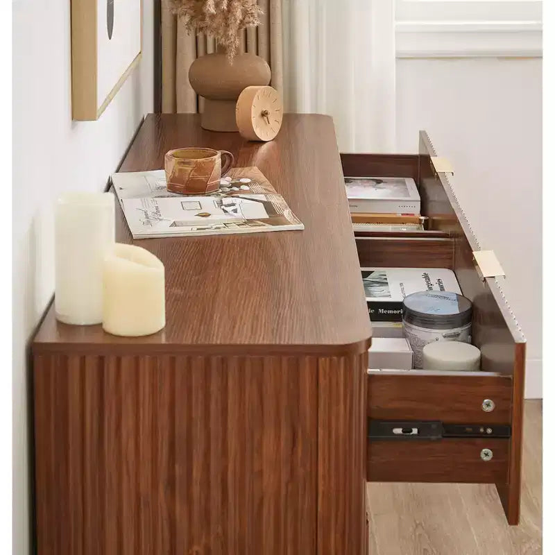 JVNOXK Commode moderne 6 tiroirs 55 pouces, design à vagues incurvées, pour chambre ou salon, meuble de rangement en bois, Noyer