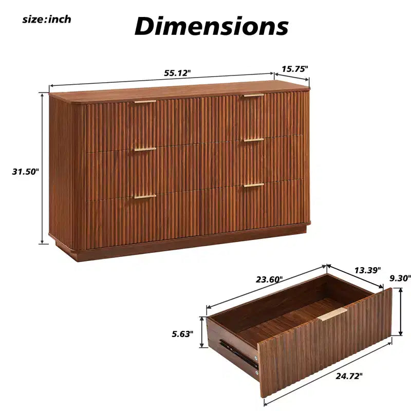JVNOXK Commode moderne 6 tiroirs 55 pouces, design à vagues incurvées, pour chambre ou salon, meuble de rangement en bois, Noyer