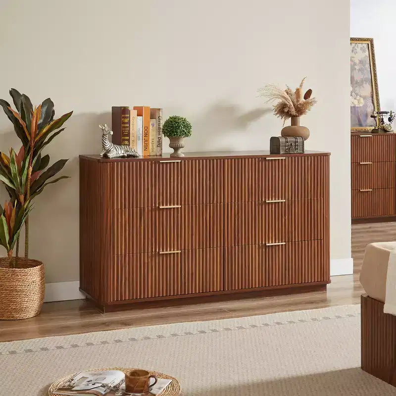 JVNOXK Commode moderne 6 tiroirs 55 pouces, design à vagues incurvées, pour chambre ou salon, meuble de rangement en bois, Noyer