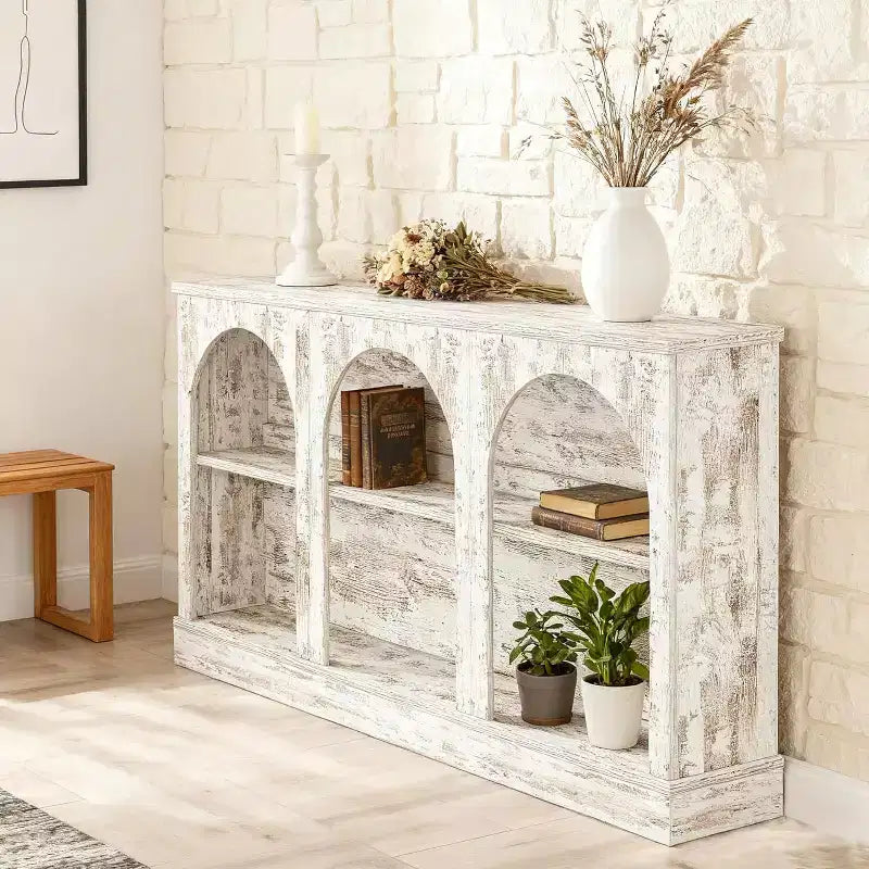 Lantine Console Étroite de 63 Pouces avec Étagère à 3 Niveaux, Table de Hall d'Entrée au Style Ferme Moderne pour Couloir, Salon, Blanc Vieilli