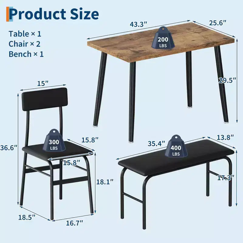 Ensemble table à manger pour 4 personnes, table de cuisine en bois avec banc rembourré et 2 chaises, meubles peu encombrants pour cuisine, salle à manger, appartement, style rétro