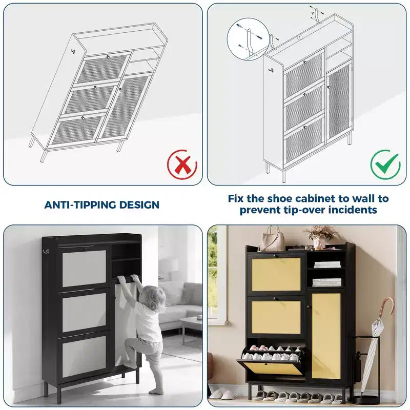 Meuble à chaussures avec 4 tiroirs basculants, meuble de rangement à chaussures dissimulé avec portes en rotin, meuble à chaussures autoportant pour salon, marron