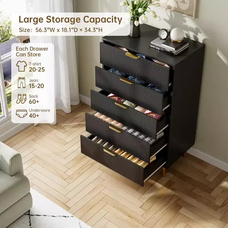 Commode à 5 tiroirs, organisateur de rangement moderne en bois de 122 cm de hauteur pour chambre à coucher, noir
