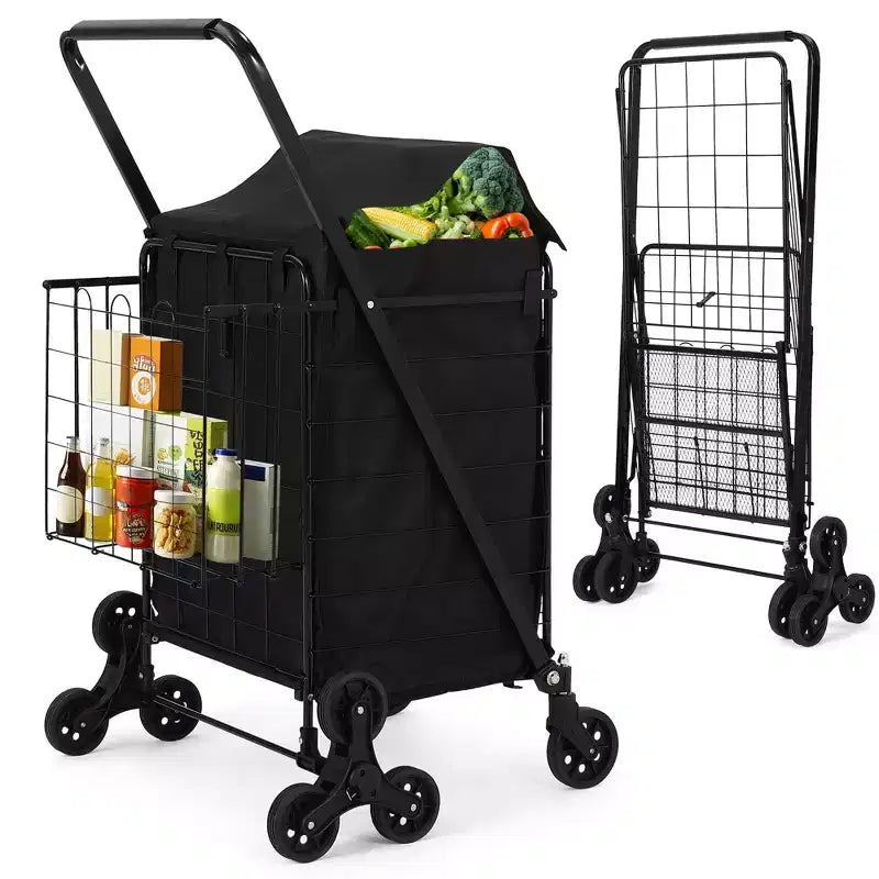 Folding Shopping Cart, 360 Swivel Grocery Trolley with Stair-Climbing Wheels, Heavy Duty Utility Cart with Waterproof Liner for Shopping, Camping