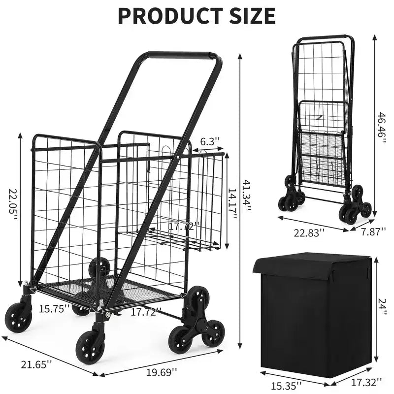 Chariot de courses pliant, trolley d'épicerie pivotant à 360° avec roues monte-escaliers, chariot utilitaire robuste avec doublure imperméable pour les courses, le camping