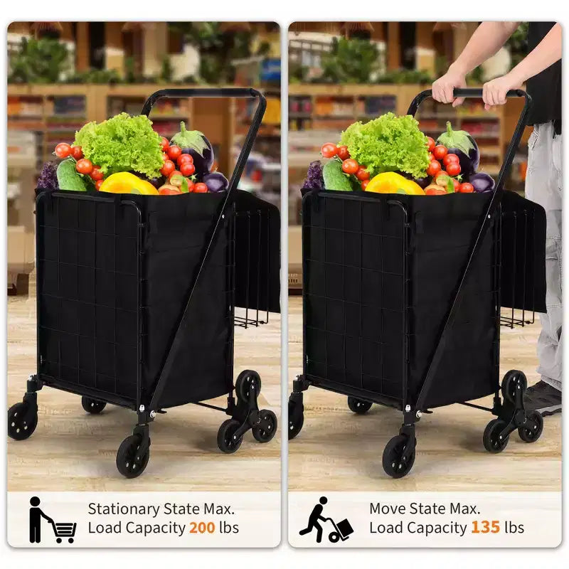 Chariot de courses pliant, trolley d'épicerie pivotant à 360° avec roues monte-escaliers, chariot utilitaire robuste avec doublure imperméable pour les courses, le camping