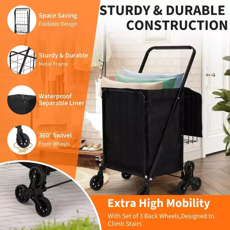 Chariot de courses pliant, trolley d'épicerie pivotant à 360° avec roues monte-escaliers, chariot utilitaire robuste avec doublure imperméable pour les courses, le camping