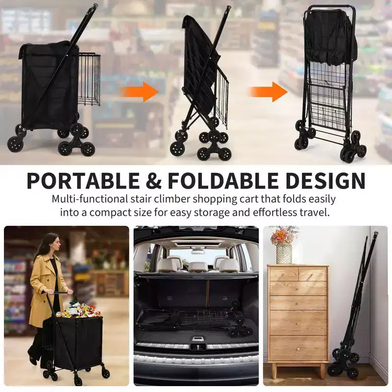 Chariot de courses pliant, trolley d'épicerie pivotant à 360° avec roues monte-escaliers, chariot utilitaire robuste avec doublure imperméable pour les courses, le camping