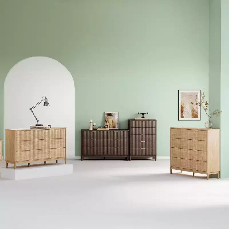 LINSY HOME Commode 9 tiroirs cannelée pour chambre à coucher, Grande commode de style moderne du milieu du siècle avec poignées en métal doré, Commodes larges en bois de style bohème.