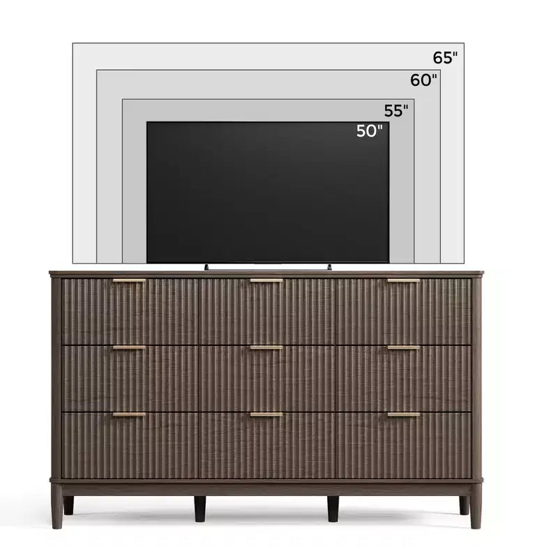 LINSY HOME Commode 9 tiroirs cannelée pour chambre à coucher, Grande commode de style moderne du milieu du siècle avec poignées en métal doré, Commodes larges en bois de style bohème.