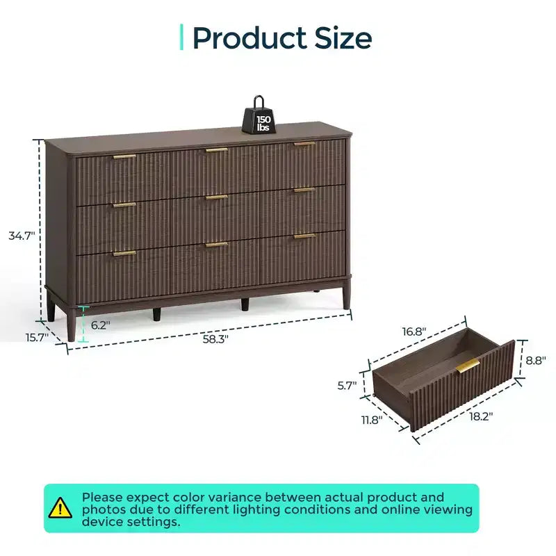 LINSY HOME Commode 9 tiroirs cannelée pour chambre à coucher, Grande commode de style moderne du milieu du siècle avec poignées en métal doré, Commodes larges en bois de style bohème.