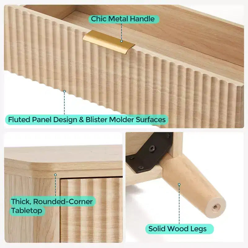 LINSY HOME Commode 9 tiroirs cannelée pour chambre à coucher, Grande commode de style moderne du milieu du siècle avec poignées en métal doré, Commodes larges en bois de style bohème.