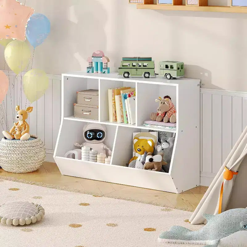ACOINEL 35.4 Bibliothèque pour enfants avec pied de lit - Rangement de jouets, étagère à jouets pour enfants et meuble de rangement à 5 casiers