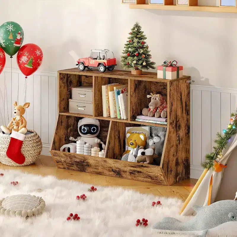 ACOINEL 35.4 Kids Bookshelf with Bookcase Footboard - Toy Storage Cubby, Children's Toy Shelf & 5-Cubby Storage Cabinet