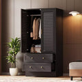 65 Louvered Armoire Wardrobe Closet, Wood Clothing Storage Cabinets with 2 Doors and 2 Drawers, Wardrobe Closet with Hanging Rod for Bedroom