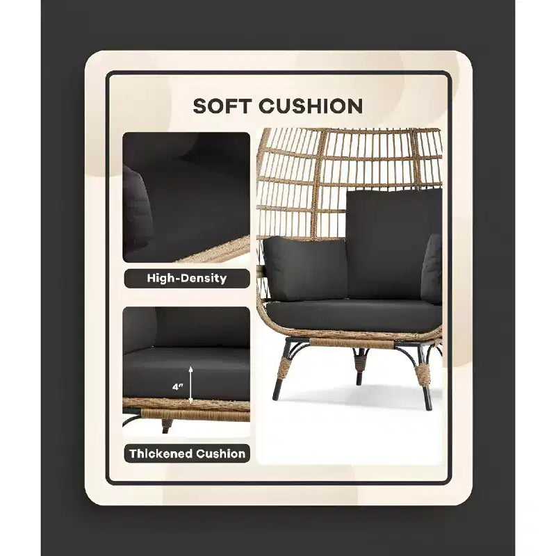 Fauteuil œuf en osier avec coussin moelleux et cadre en acier, chaises longues de patio en rotin pour patio, arrière-cour, salon, chambre à coucher