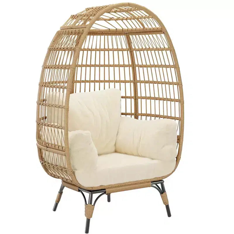 Fauteuil œuf en osier avec coussin moelleux et cadre en acier, chaises longues de patio en rotin pour patio, arrière-cour, salon, chambre à coucher