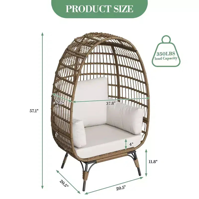 Fauteuil œuf en osier avec coussin moelleux et cadre en acier, chaises longues de patio en rotin pour patio, arrière-cour, salon, chambre à coucher