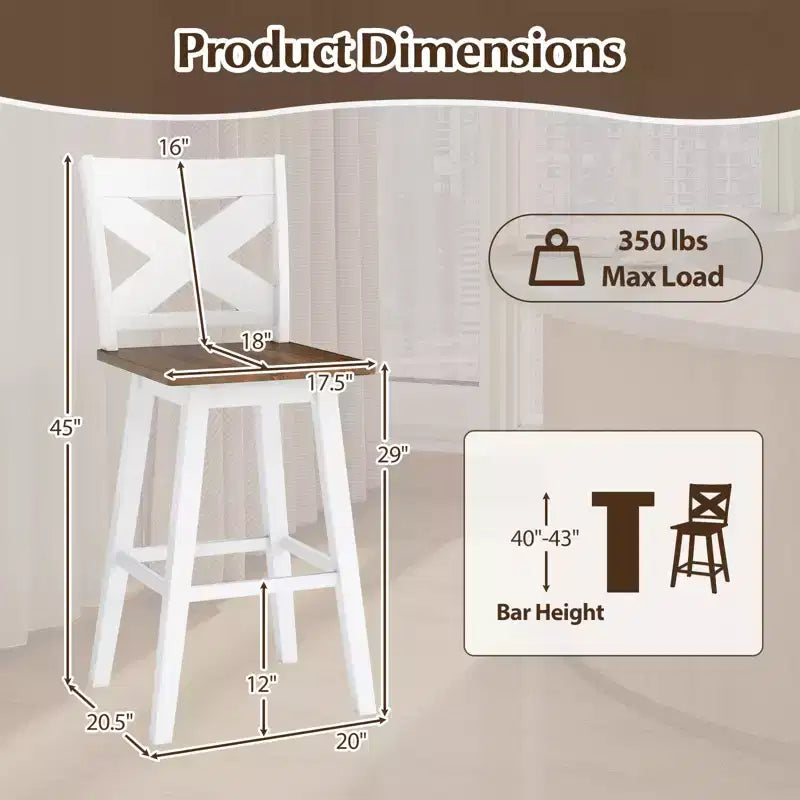 Lot de 2 tabourets de bar pivotants Costway 73,5 cm avec dossier, grand siège et repose-pieds pour îlot de cuisine