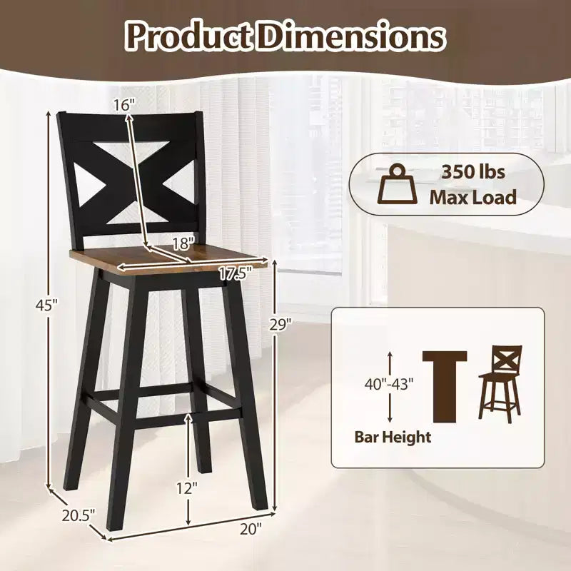 Lot de 2 tabourets de bar pivotants Costway 73,5 cm avec dossier, grand siège et repose-pieds pour îlot de cuisine