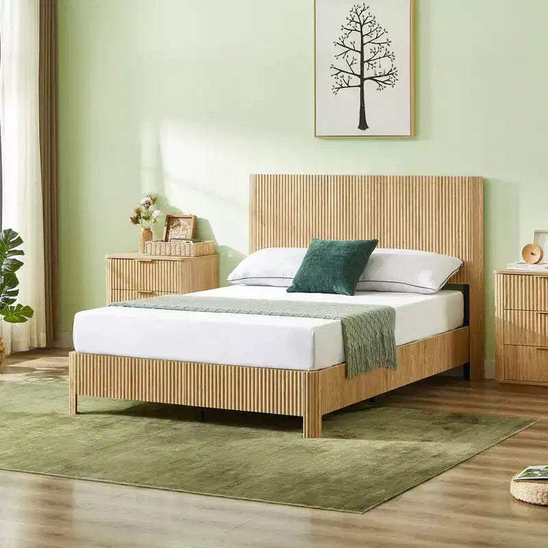 Cadre de lit plateforme en bois pour lits Double/Queen/King avec accents ondulés - ModernLuxe