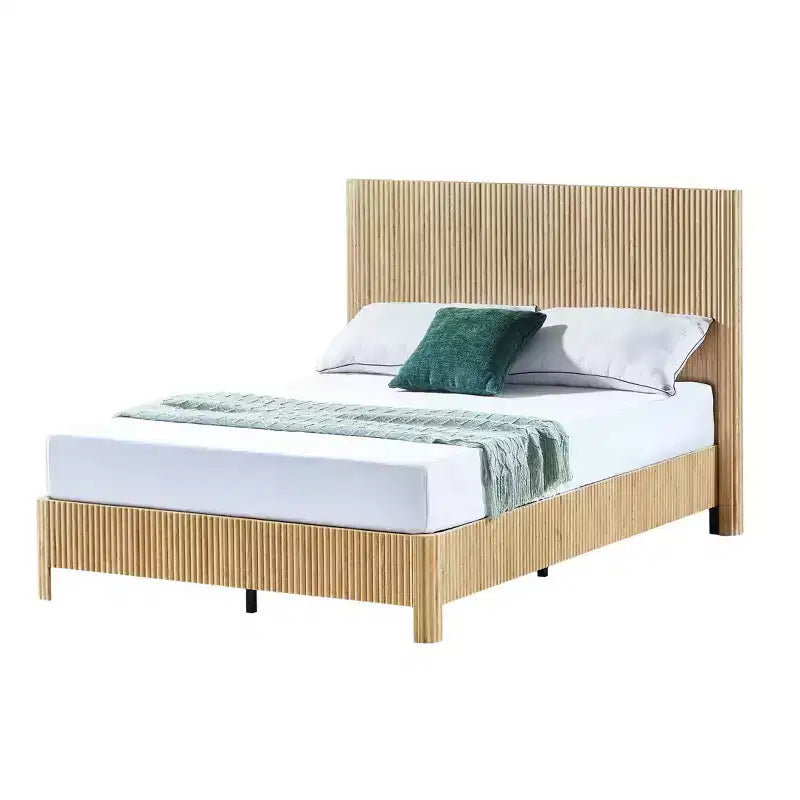 Cadre de lit plateforme en bois pour lits Double/Queen/King avec accents ondulés - ModernLuxe