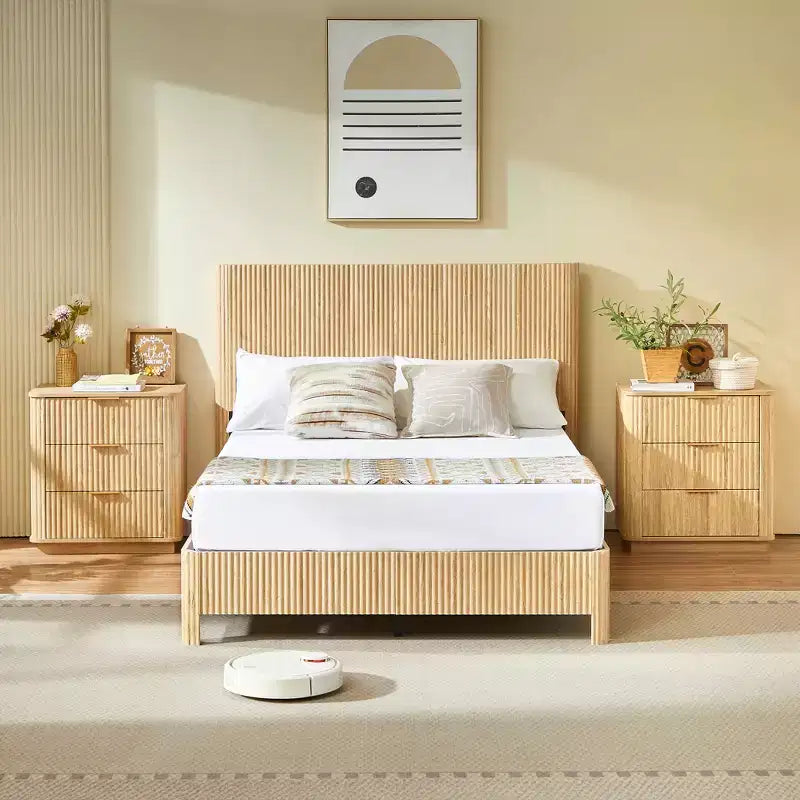 Full/Queen/King Size Wood Platform Bed Frame with Corrugated Accents - ModernLuxe
