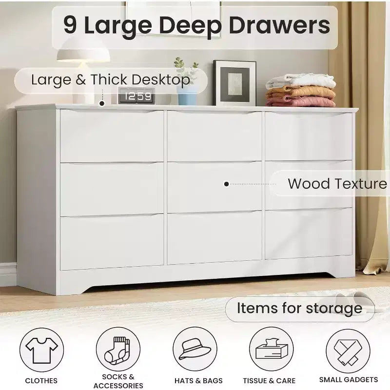 Commode à 9 tiroirs pour chambre à coucher, commode en bois de 150 cm de large avec plateau spacieux, grande commode, meuble TV, organisateur de rangement pour vêtements pour salon