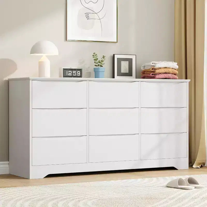 Commode à 9 tiroirs pour chambre à coucher, commode en bois de 150 cm de large avec plateau spacieux, grande commode, meuble TV, organisateur de rangement pour vêtements pour salon