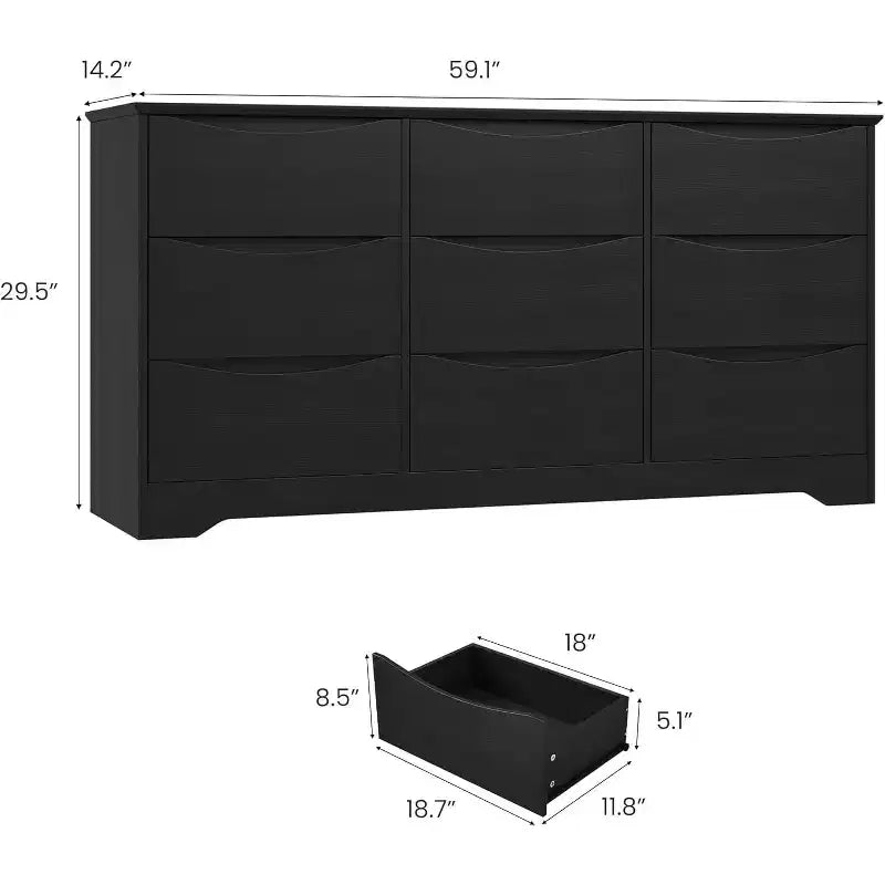 Commode à 9 tiroirs pour chambre à coucher, commode en bois de 150 cm de large avec plateau spacieux, grande commode, meuble TV, organisateur de rangement pour vêtements pour salon