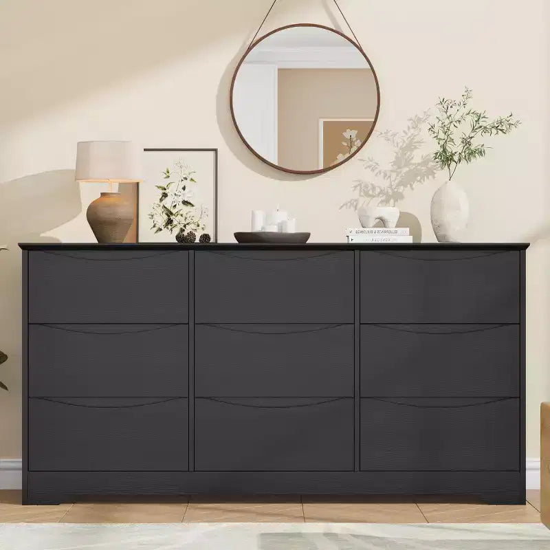 Commode à 9 tiroirs pour chambre à coucher, commode en bois de 150 cm de large avec plateau spacieux, grande commode, meuble TV, organisateur de rangement pour vêtements pour salon
