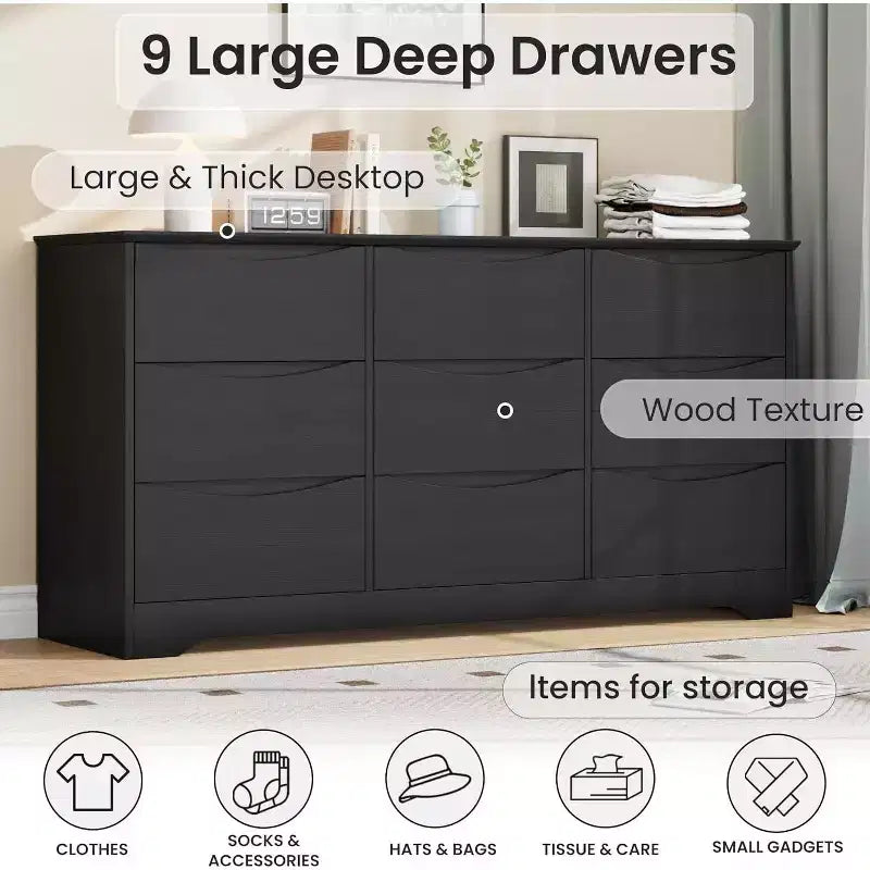 Commode à 9 tiroirs pour chambre à coucher, commode en bois de 150 cm de large avec plateau spacieux, grande commode, meuble TV, organisateur de rangement pour vêtements pour salon