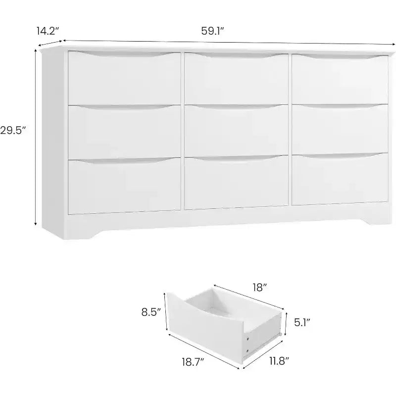 Commode à 9 tiroirs pour chambre à coucher, commode en bois de 150 cm de large avec plateau spacieux, grande commode, meuble TV, organisateur de rangement pour vêtements pour salon
