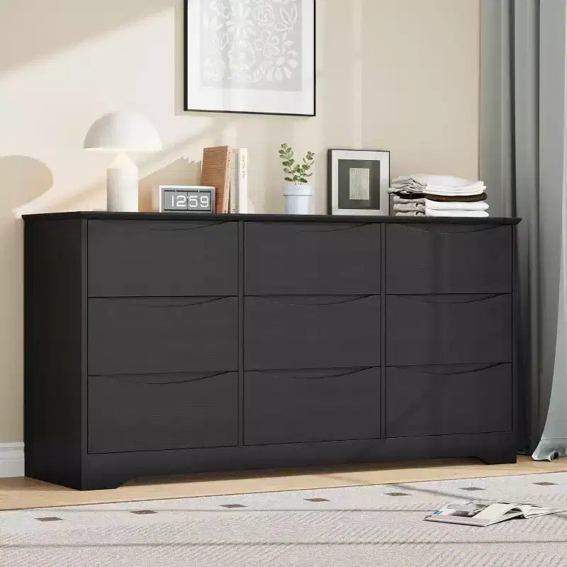 9 Drawer Dresser for Bedroom, 59W Wooden Chest of Drawers with Wide Top, Large Dresser TV Stand, Clothes Storage Organizer for Living Room