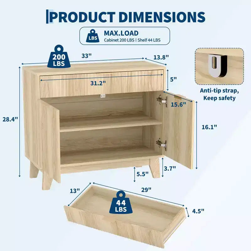 Buffet de rangement 33", armoire de bar à café cannelée avec poignées dorées, meuble console média en bois, desserte d'appoint pour salon, cuisine, maison