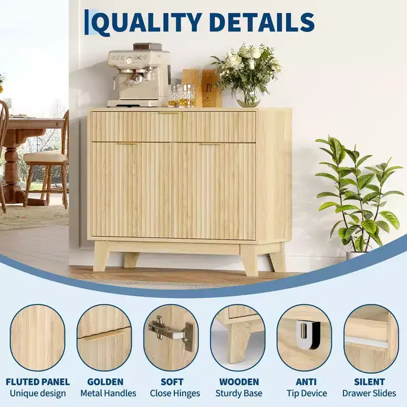 Buffet de rangement 33", armoire de bar à café cannelée avec poignées dorées, meuble console média en bois, desserte d'appoint pour salon, cuisine, maison