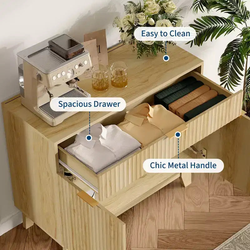 Buffet de rangement 33", armoire de bar à café cannelée avec poignées dorées, meuble console média en bois, desserte d'appoint pour salon, cuisine, maison