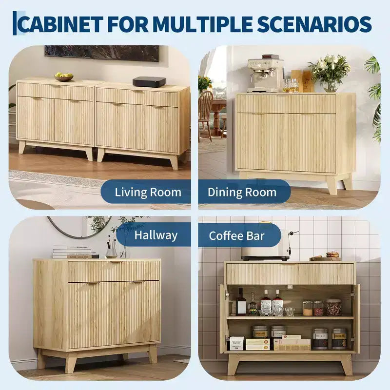 Buffet de rangement 33", armoire de bar à café cannelée avec poignées dorées, meuble console média en bois, desserte d'appoint pour salon, cuisine, maison