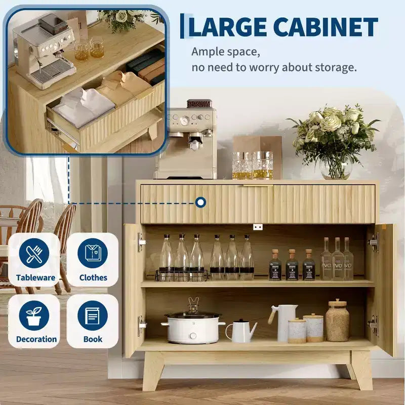Buffet de rangement 33", armoire de bar à café cannelée avec poignées dorées, meuble console média en bois, desserte d'appoint pour salon, cuisine, maison
